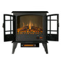 FRONT VIEW OF GLOWING BLACK ELECTRIC STOVE WITH FRONT DOORS OPEN