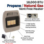 product features call out with close up images of Comfort Glow 18,000 BTU infrared radiant vent free heater, propane and natural gas