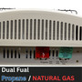 image of Comfort Glow 18,000 BTU infrared radiant vent free heater,  noting it is a dual fuel model that runs on propane and natural gas