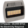 image of Comfort Glow 30,000 BTU infrared radiant vent free heater, propane and natural gas showing it has 3 plaques and does not require electricity