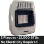 image of Comfort Glow 12,000 BTU highlighting that the device has 2 plaques and does not use electricity