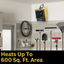 lifestyle image of a hard wire electric heater installed in a garage noting heats up to 600 sq ft area
