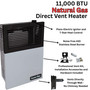 product features with close up images of Comfort Glow 11000 BTU natural gas direct vent heater