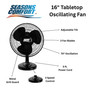product features callout with close up images of Seasons Comfort 16 inch black tabletop oscillating fan