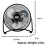 product dimension image of the Seasons Comfort black 9 inch personal desk fan