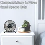 lifestyle image of season comfort 9 inch personal desk fan stating it is compact and easy to move for small spaces only