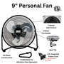 product features callout with close up images of the Seasons Comfort black 9 inch personal desk fan