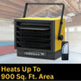 image of 240 volt hard-wire electric heater noting it heats up to a 900 square foot area