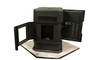 front image of freestanding pellet stove with the front access door and side access door open