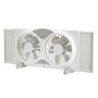 front left angled image of Seasons Comfort 9 inch twin window fan with remote with the accordion extensions open
