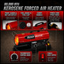 image of 80,000 btu Reddy Heater kerosene forced air heater showing close up images of product features; front guard, fuel cap and fuel gauge, carry handle, power cord, and power switch