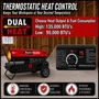 thermostatic heat control knob image of 135,000 btu Reddy Heater kerosene forced air heater showing it has dual heat offering 95,000 - 135,000 btus of power