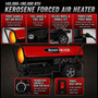 image of 180,000 btu Reddy Heater kerosene forced air heater showing close up images of product features; front guard, fuel cap and fuel gauge, wheels, power cord, temp control knob, and power switch