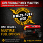 image of 180,000 btu Reddy Heater kerosene forced air heater describing this model is a multi fuel use heater that runs kerosene and diesel fuel