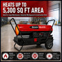 image of 220,000 btu Reddy Heater kerosene forced air heater noting it heats up to 5,300 sq ft area