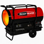 front angled image of 650,000 btu Reddy Heater kerosene forced air heater turned on