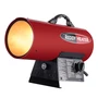 front angled image of 60,000 btu Reddy Heater propane forced air heater turned on