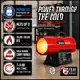 image of 60,000 btu Reddy Heater propane forced air heater highlighting the product features and that it helps you power through the cold