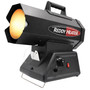 front angled image of black Reddy Heater cordless propane forced air heater turned on