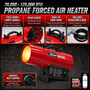 image of 125,000 btu Reddy Heater propane forced air heater showing close up images of product features; carry handle, rear guard, cord wrap, hose and regulator included with heater, and variable heat control knob