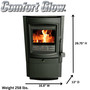 product dimension image of comfort glow mighty mini wood stove with fire burning