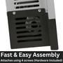 close up image of the direct vent blower attached to the bottom on the heater noting it is fast and easy assembly requiring just 4 screws to attach the blower to the heater