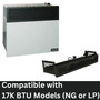 image of 17,000 BTU Direct Vent Heater and Blower Attachment with a note saying it is compatible with 17K BTU Models that run on either natural gas or liquid propane
