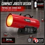 image of 150,000 btu Reddy Heater propane forced air heater showing the product dimensions and approximate weight