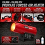 image of 150,000 btu Reddy Heater propane forced air heater showing close up images of product features; carry handle, rear guard, cord wrap, hose and regulator included with heater, and variable heat control knob