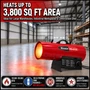 image of 150,000 btu Reddy Heater propane forced air heater noting it heats up to 3,800 sq ft area