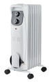 MAIN VIEW OF WHITE 7 FINNED RADIATOR STYLE HEATER WITH CONTROL KNOBS ON THE FRONT