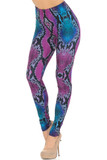 Angled front view of our vibrant Creamy Soft Pink and Blue Snakeskin Leggings - USA Fashion™ with a colorful reptile skin look.