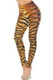 Left side right knee bent view of our fierce Creamy Soft Tiger Print Leggings - USA Fashion™ featuring a photorealistic animal fur print with black horizontal stripes on an orange background.