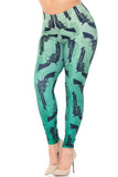 Angled front view Creamy Soft Ombre Green Guns Extra Plus Size Leggings - 3X-5X featuring a light to darker green ombre colored background with an all over black pistol print.