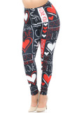 With a sweet and stand out look this is a front view image of our Creamy Soft Heart and Love Plus Size Leggings - USA Fashion™ featuring a red and white on black print that includes hearts and the words "I love you."