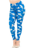 Angled front view image of Creamy Soft Shark Plus Size Leggings - USA Fashion™ with an all over mixed shark print on a bright blue background.