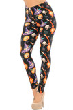 Angled Front view image of Buttery Smooth Pumpkins Witch's Watercolor Halloween Leggings featuring a festive print that features carved pumpkins, witch hats, skull and crossbones, and broomsticks on a black background.