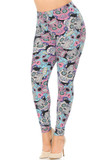 Angled front view image of Buttery Soft Pastel Sugar Skull Extra Plus Size Leggings featuring a colorful soft toned pink blue and white all over intricately decorated sugar skull design with floral touches against a black background that peeks through a little.