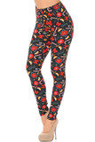 Left side right bent knee image of Buttery Soft Traditional Country Christmas Plus Size Leggings featuring a lovely holiday themed design consisting of a background the looks like falling snow against a black base decorated with poinsettias, candy canes, cinnamon sticks, red bows, and snowflakes.
