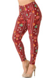 Left side view image of Buttery Smooth Burgundy Christmas Ornaments Plus Size Leggings featuring a deep red background designed with vertical  decorative stripes, presents, ornaments,, and stars.