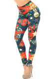 Partial front/left side view image of Creamy Soft I Love Christmas Plus Size Leggings - USA Fashion™ featuring an all over colorful print of poinsettias, red bows, stars, and mistletoe atop a green leaf background.