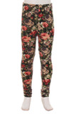 Front view of Buttery Smooth Vintage Floral Kids Leggings featuring a muted tone flower design characterized by olive, burgundy, gray, and moacha tones.