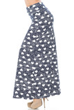 Left side view image of Buttery Smooth Rustic Hearts Maxi Skirt featuring a repeat pattern of ivory hearts on a navy background that is given visual texture with scratchy ivory horizontal lines.