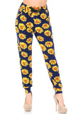 Front view image of our Buttery Smooth Summer Daisy Joggers with a yellow flower print on a navy blue background.