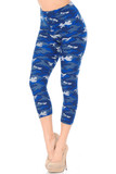 These are our cropped mid calf length Buttery Smooth Blue Grid Camouflage Capris with a mixed azure color scheme for a unique twist on classic army print.