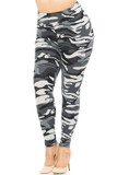 Plus size charcoal, black, and white colored camouflage leggings with high waist.