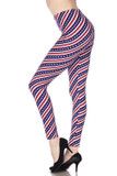 Left side view of our Buttery Soft Spiral Stars and Stripes Extra Plus Size Leggings - 3X-5X with a barber pole striped look decorated with white stars.