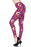 Left side view image of Buttery Smooth Wicked Witches Plus Size Leggings featuring a purple background with a Halloween print characterized by witches, pumpkins, ghosts, and skulls.