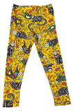 Flat front view image of Buttery Soft Kitty Cat Mustard Sugar Skull Kids Leggings with a cool sugar skull style kitty print with vibrant floral accents. Flat front view image of Buttery Soft Kitty Cat Mustard Sugar Skull Kids Leggings with a cool sugar skull style kitty print with vibrant floral accents.
