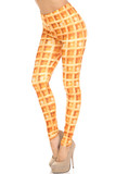 45 degree view of Creamy Soft Waffle Leggings - By USA Fashion™ with a realistic all over breakfast waffle print.